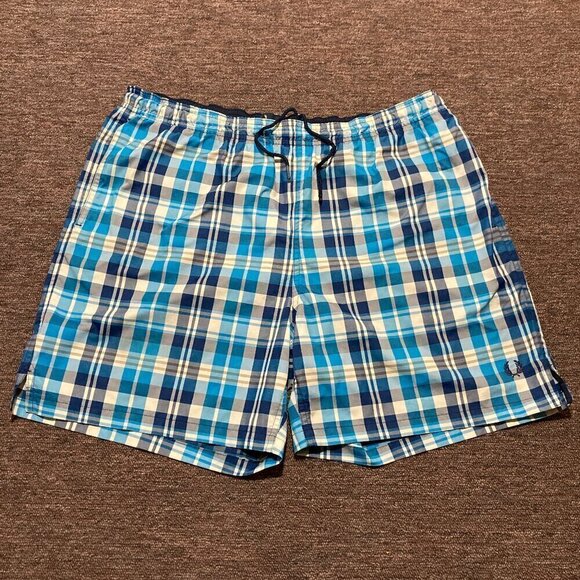 Fred Perry Swim Short Mens Large Blue Plaid Trunks Lined Beach Pockets - Picture 1 of 12